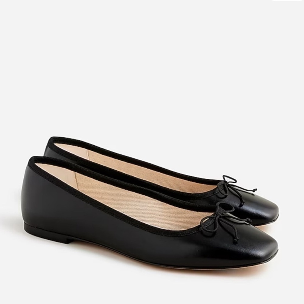 J. Crew Quinn Black Leather Square-Toe Ballet Flats